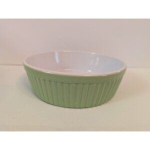 Green & White Ribbed Ceramic Casserole Dish Made In France 7" Diameter Oven-Safe